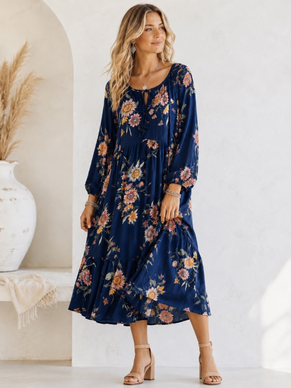 Old Navy Boho Cottagecore Peasant Style Whimsical Navy Floral Dress, Size XL